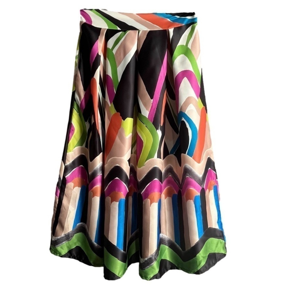 LAMIAR Colorful Graphic Retro Print Pleated Satin A-Line Midi Skirt Size S/M